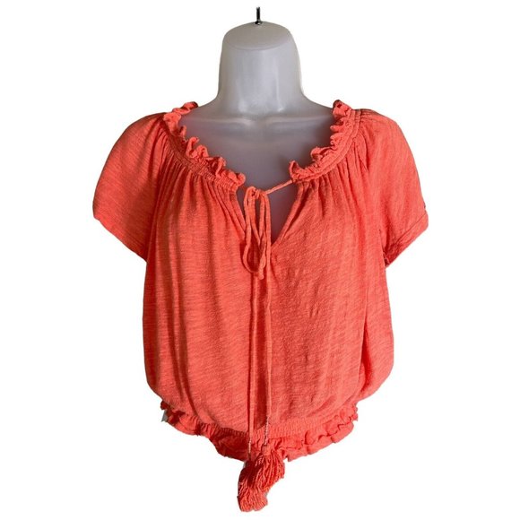 Free People Top Size XS Orange Linen Blend Flutter Sleeve Drawstring Neck EUC - Picture 4 of 14